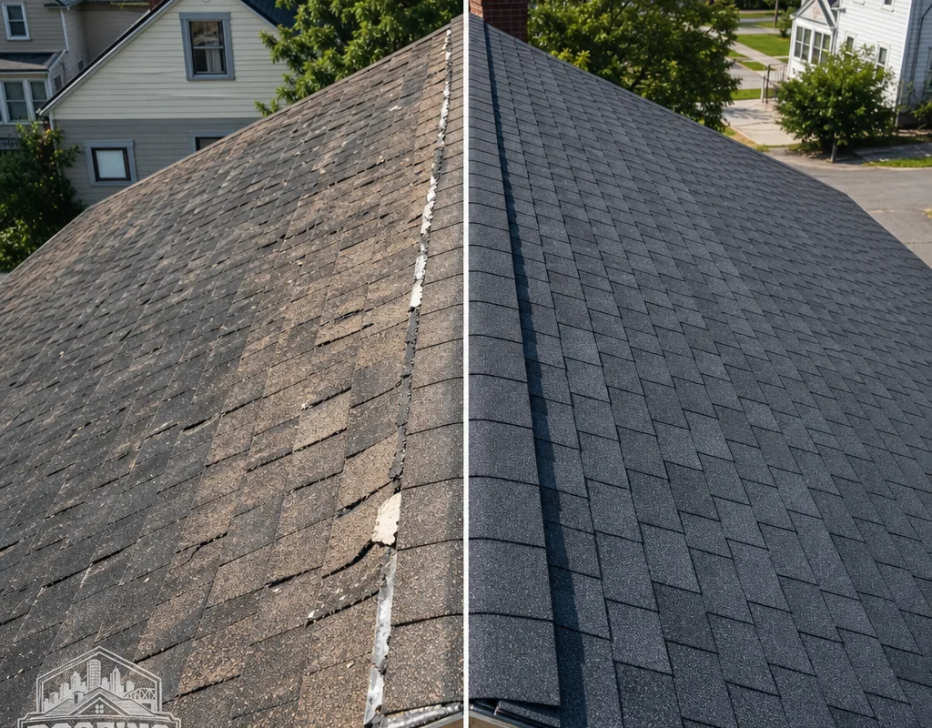 Before-and-after view of worn shingles replaced with straight asphalt shingle courses and matching ridge caps