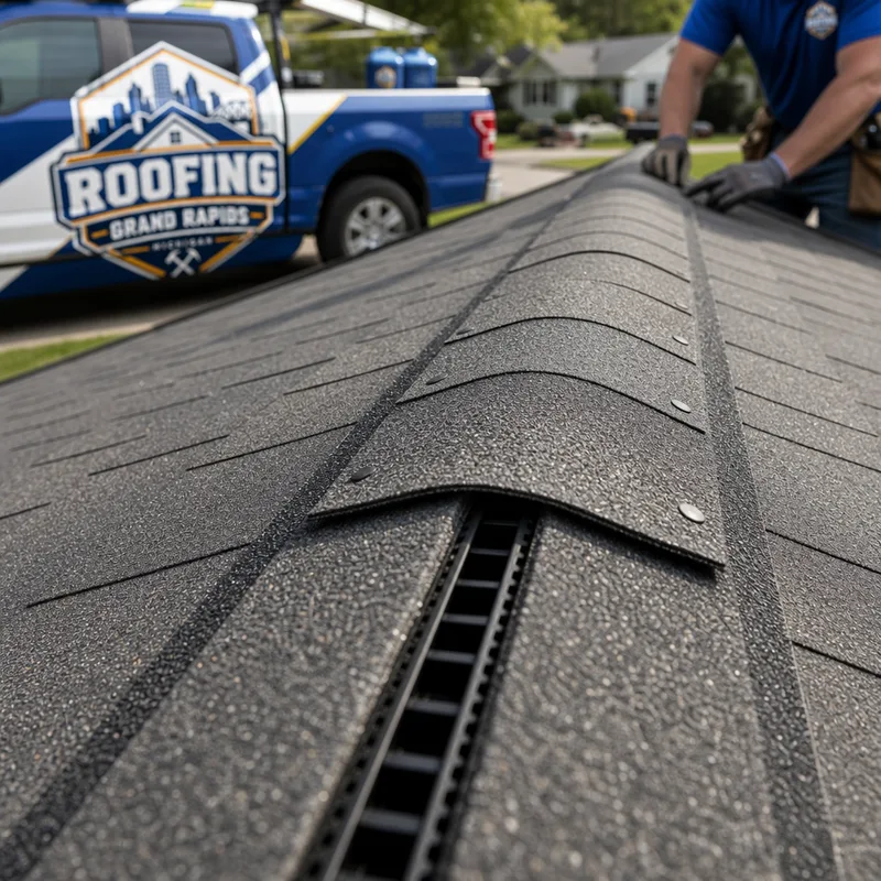 Close-up of a properly installed ridge vent with matching ridge-cap shingles and a clean finish line