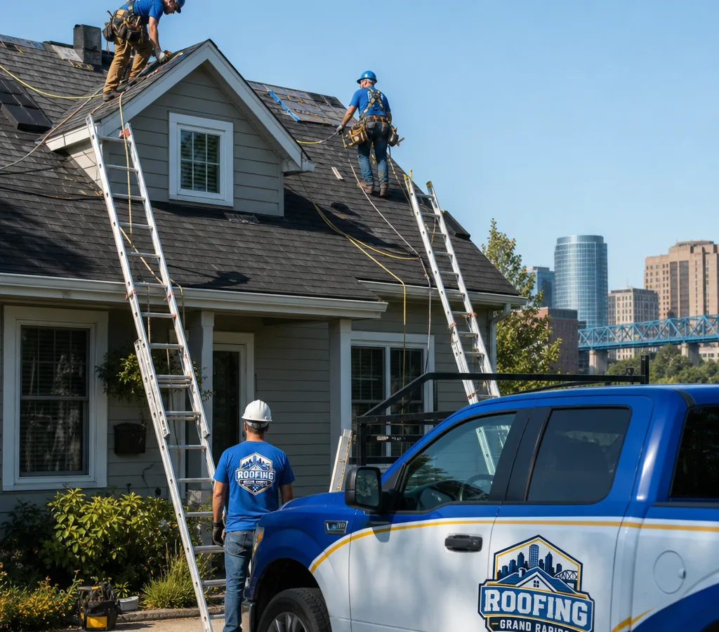 Residential roofing crew working on an asphalt shingle roof on a Grand Rapids home with secured ladders and fall protection