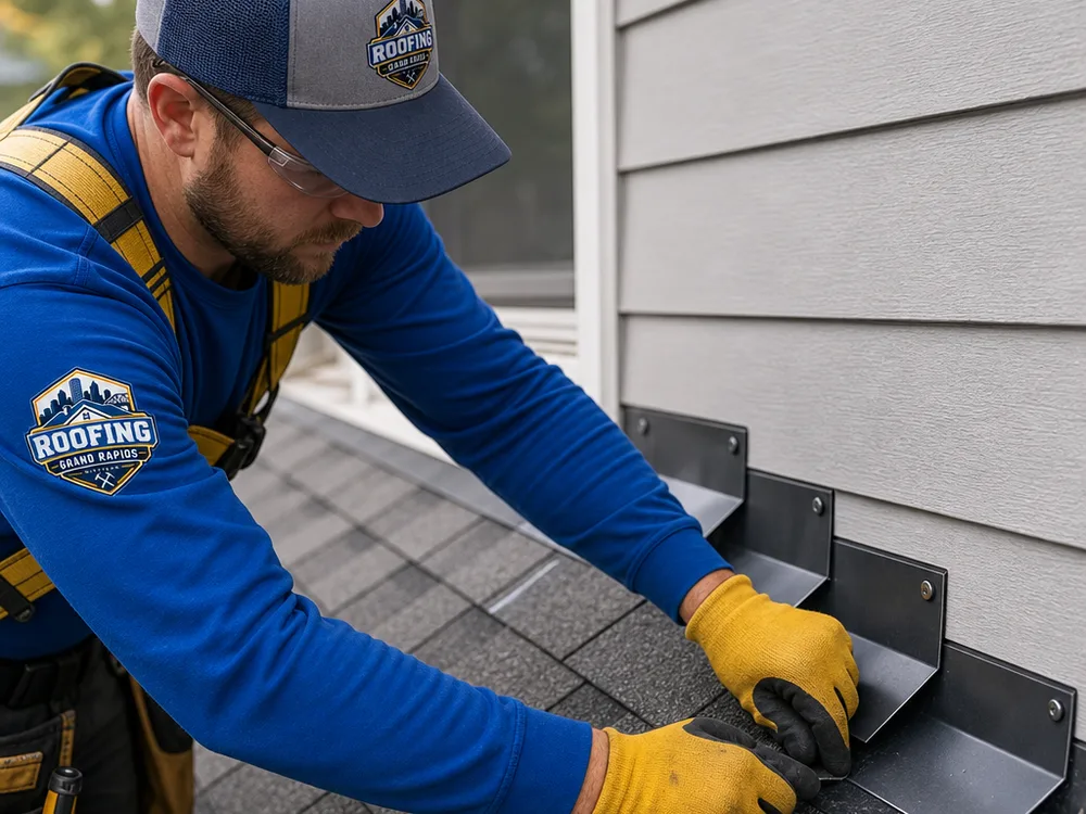 Close-up of properly lapped step flashing along an asphalt shingle roof sidewall