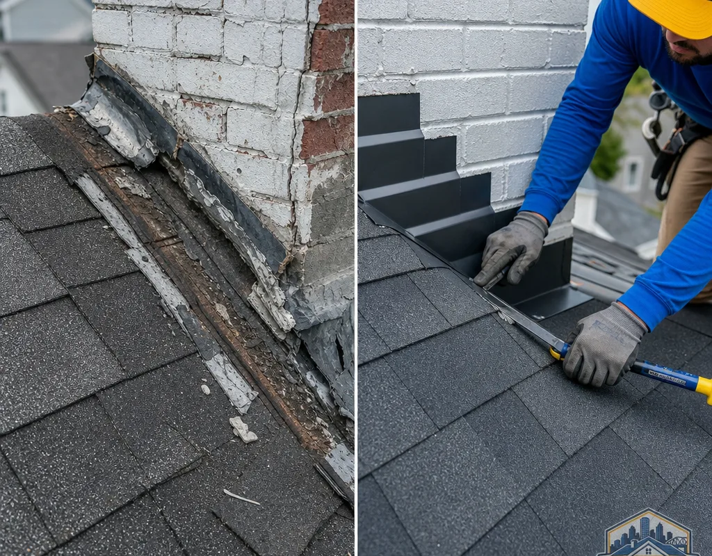 Before-and-after roof-to-wall intersection with failed flashing replaced by step flashing and sealed counterflashing