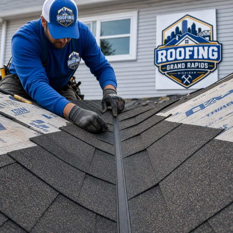 Finished asphalt shingle valley with straight lines and properly integrated underlayment at the edges
