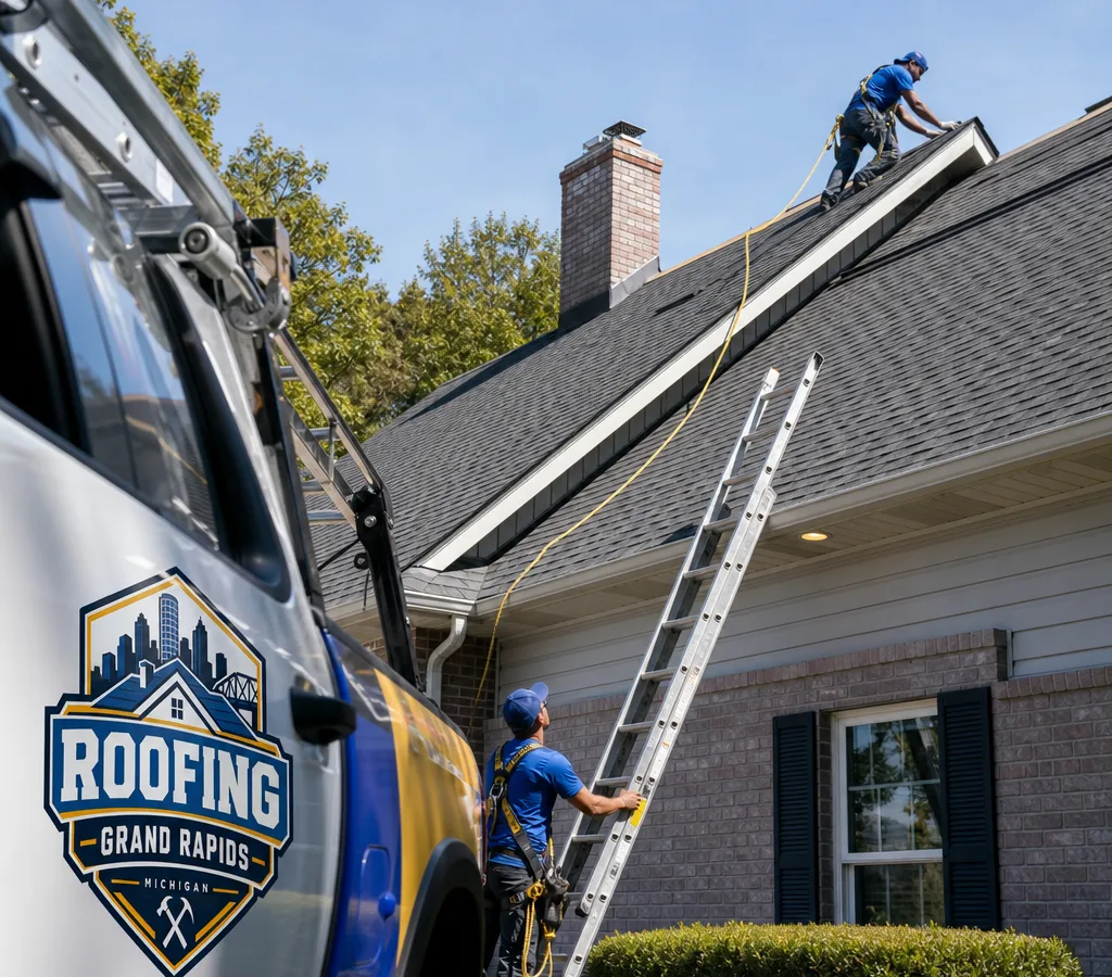 Grand Rapids roofing crew safely inspecting an asphalt shingle home with tied-off ladders and visible fall protection