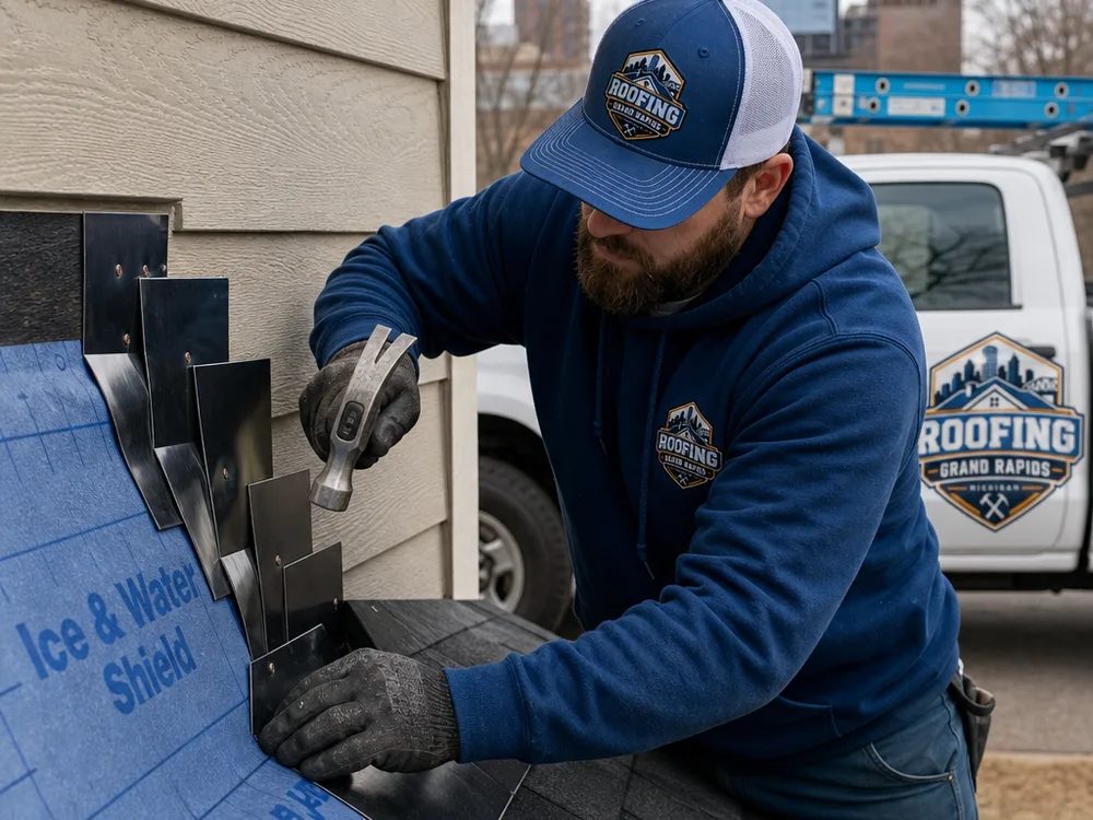 Roofer installing step flashing and ice-and-water membrane at a Grand Rapids roof-to-wall intersection