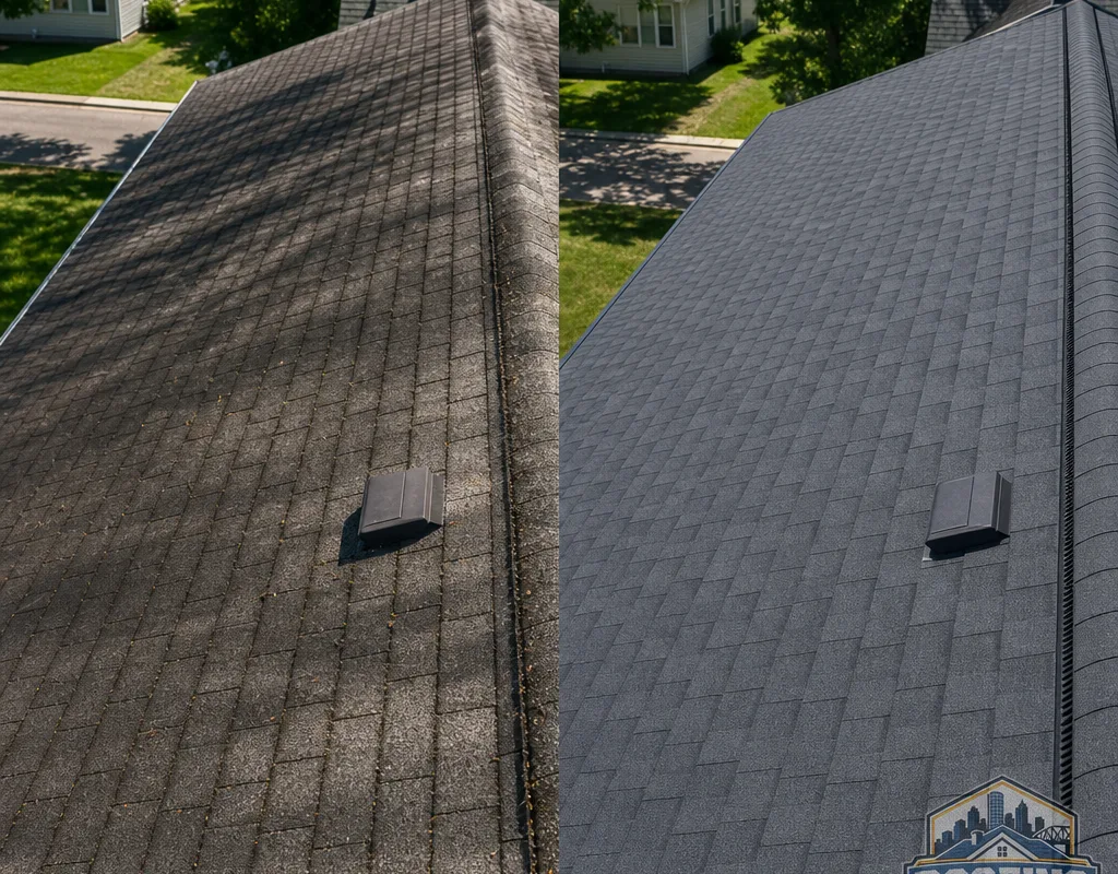 Before-and-after Grand Rapids roof replacement showing worn stained shingles and new architectural shingles with clean ridge-vent lines