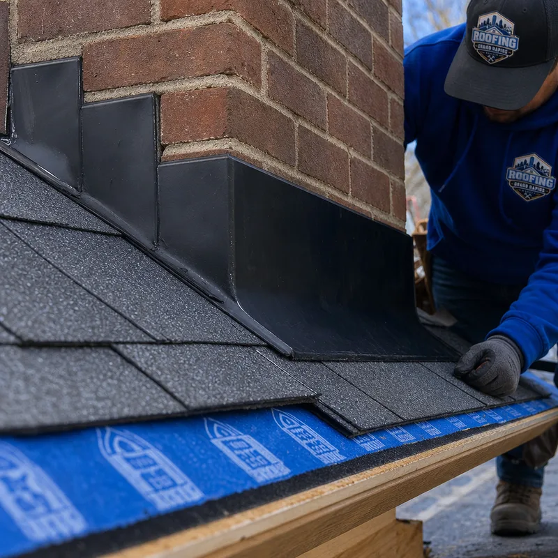 Correct chimney step flashing and counterflashing with ice-and-water membrane visible at the roof eave