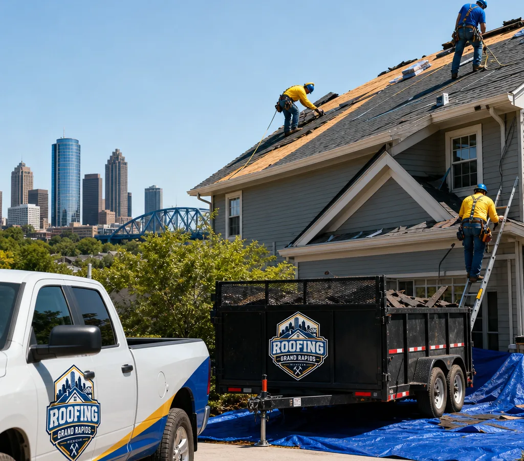 Roofing contractor crew working safely on a pitched asphalt-shingle roof in Grand Rapids with debris contained and the property protected by tarps