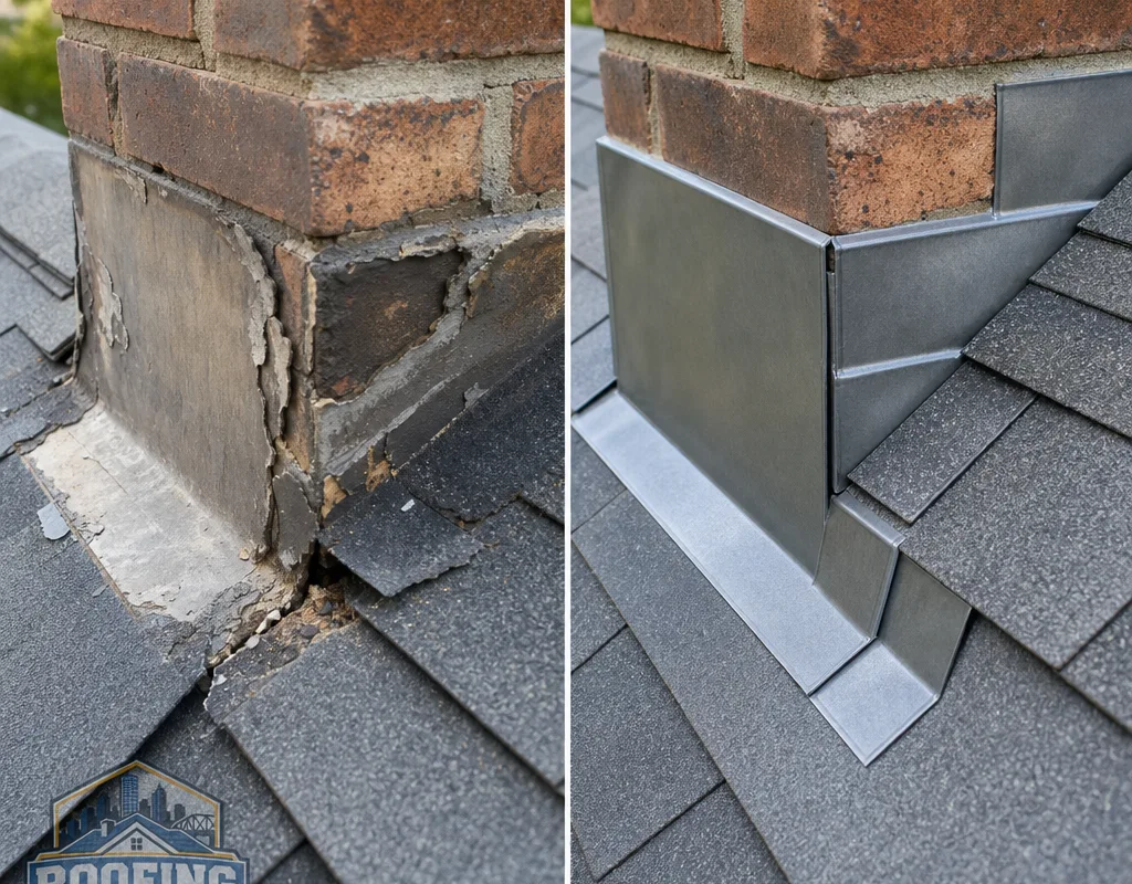 Before-and-after chimney flashing repair with failed sealant replaced by layered step flashing and counterflashing
