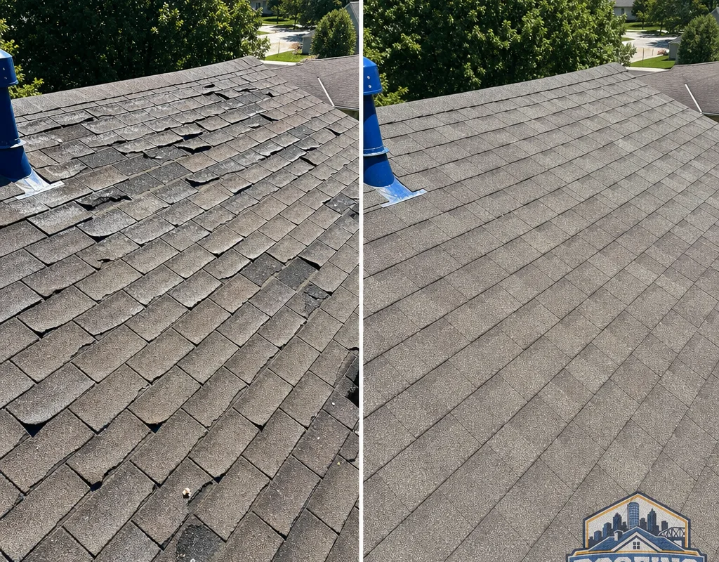 Before-and-after comparison of wind-damaged shingles replaced with matched shingles and restored courses