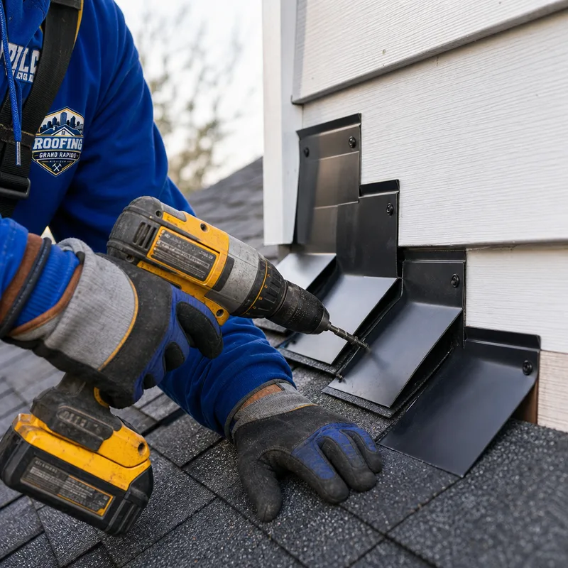 Properly integrated step flashing and shingles at a roof-to-wall transition with correct fastener placement