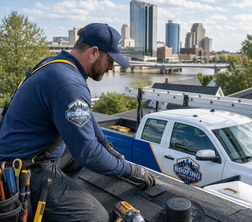 Grand Rapids roof repair technician inspecting a leak near a roof vent with repair tools staged safely