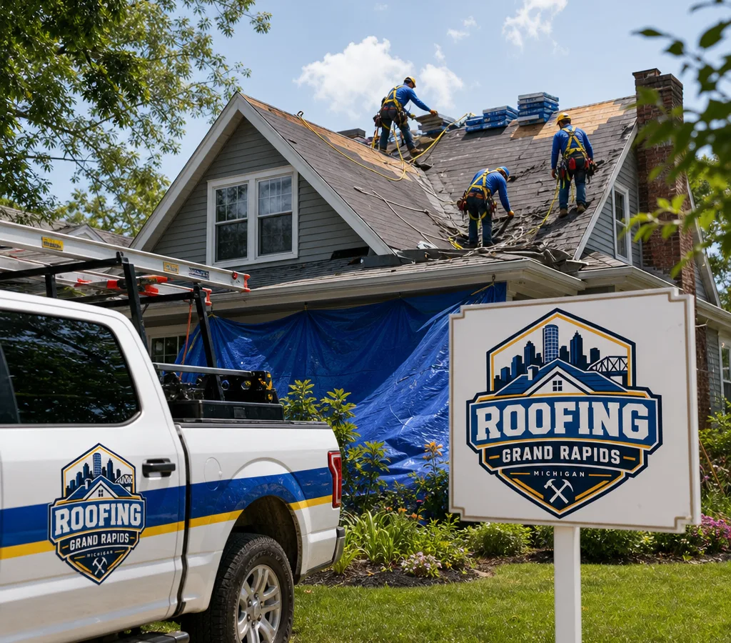 Local roofing crew installing asphalt shingles on a Grand Rapids home with fall protection and landscaping tarps