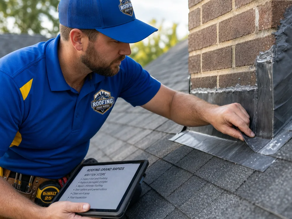Roofer inspecting chimney flashing and shingles near a roof valley while documenting the written scope