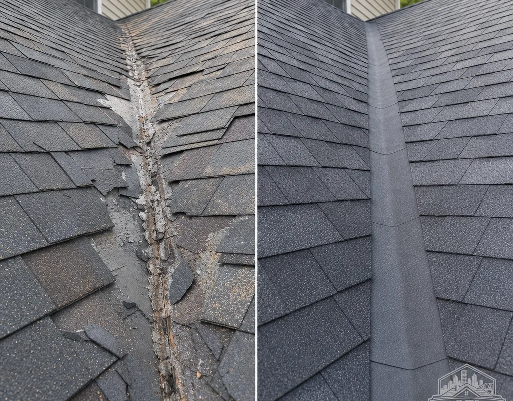 Before-and-after view of damaged valley shingles replaced with the valley detail corrected