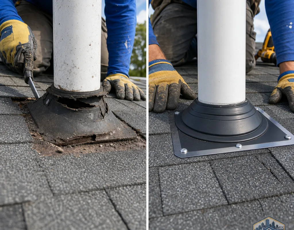 Before-and-after view of a leaking plumbing vent boot replaced and correctly sealed on an asphalt shingle roof