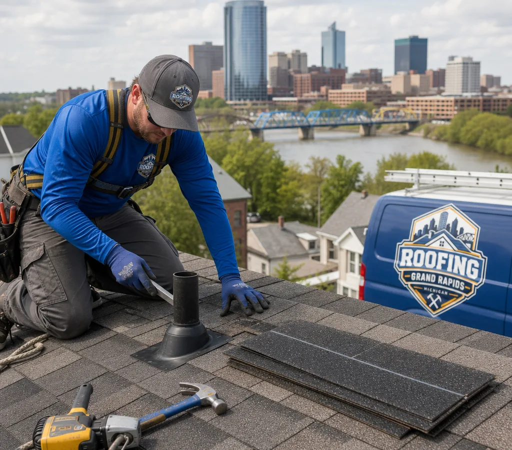 Technician completing a targeted shingle repair near a vent boot on a Grand Rapids home