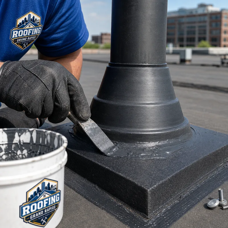 Properly flashed rooftop penetration with sealant and reinforcement on a commercial roof