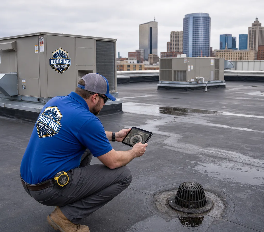 Commercial low-slope roof in Grand Rapids with HVAC units and roof drains during a professional inspection