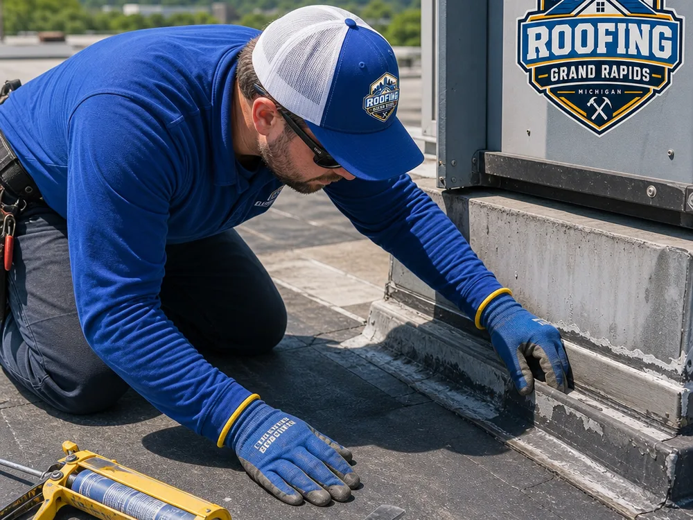 Technician inspecting a commercial low-slope roof seam and curb flashing with repair tools and sealant