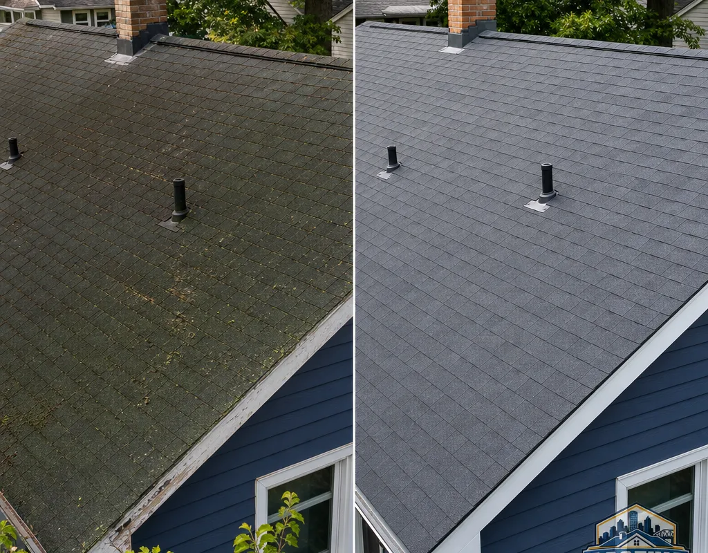 Before and after view of worn, algae-stained shingles replaced with architectural shingles, new drip edge, and clean ridge lines