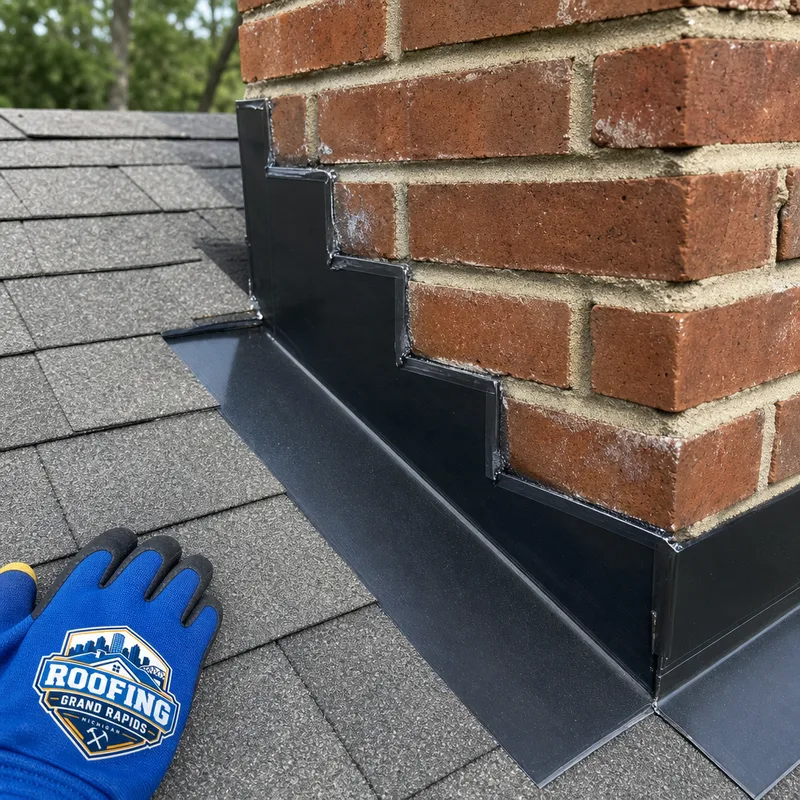 Properly installed step flashing and counterflashing at a brick chimney with clean shingle courses and sealed joints