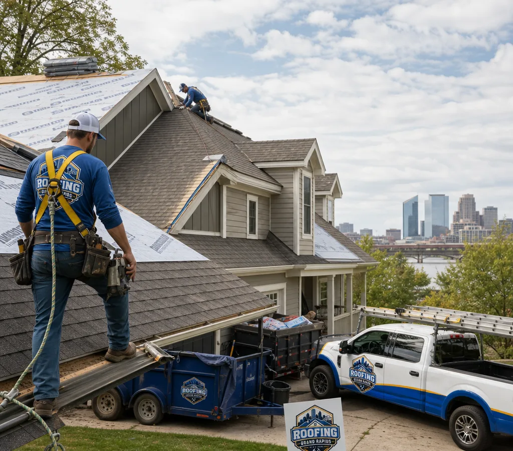 Grand Rapids residential roofing crew installing architectural asphalt shingles with fall protection and tidy driveway staging