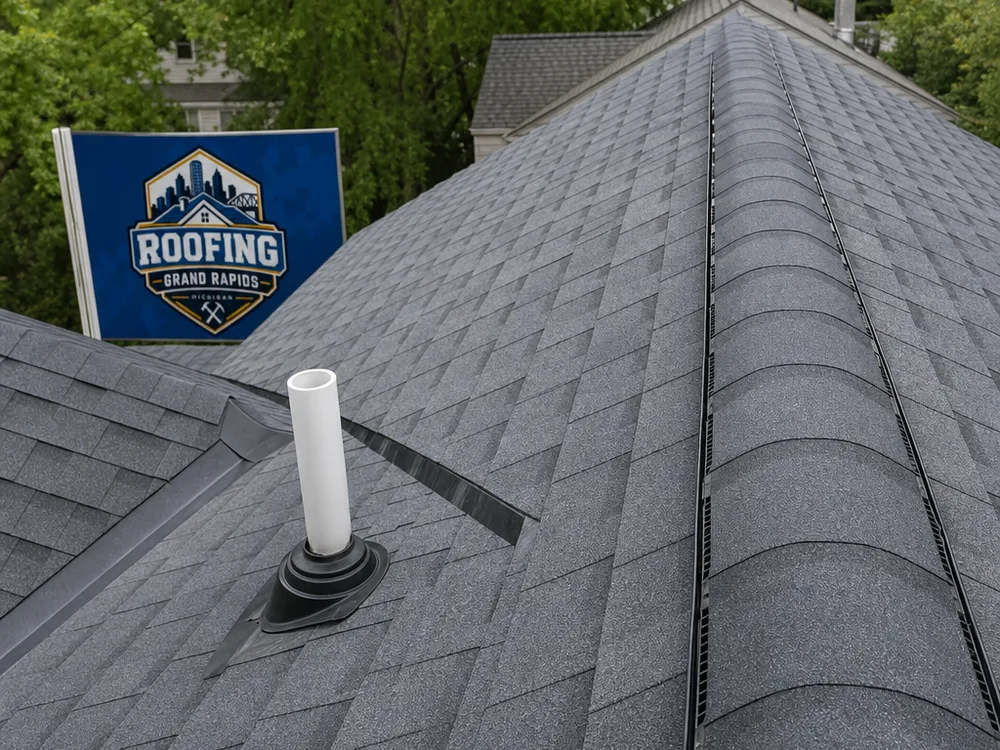 Finished residential roof with straight shingle lines, capped ridge vent, and neat flashing around a plumbing vent and valley