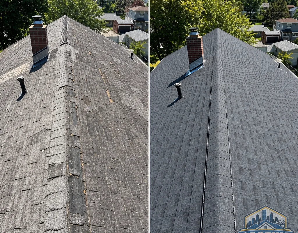 Before-and-after comparison of an aging shingle roof replaced with architectural shingles, matching ridge cap, and corrected flashing lines