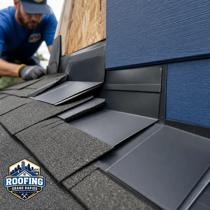 New step flashing and counterflashing at a sidewall intersection during a roof replacement with clean overlaps and proper shingle integration