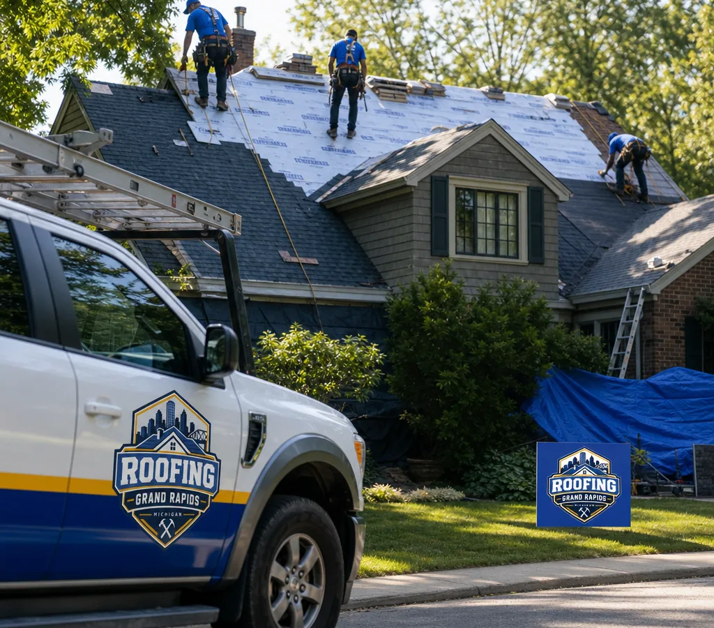 A roofing crew replacing asphalt shingles on a Grand Rapids home with underlayment visible and controlled debris around the landscaping
