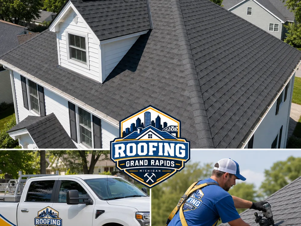 Completed roof replacement on a Grand Rapids home with straight courses, clean valley lines, and consistent ridge ventilation