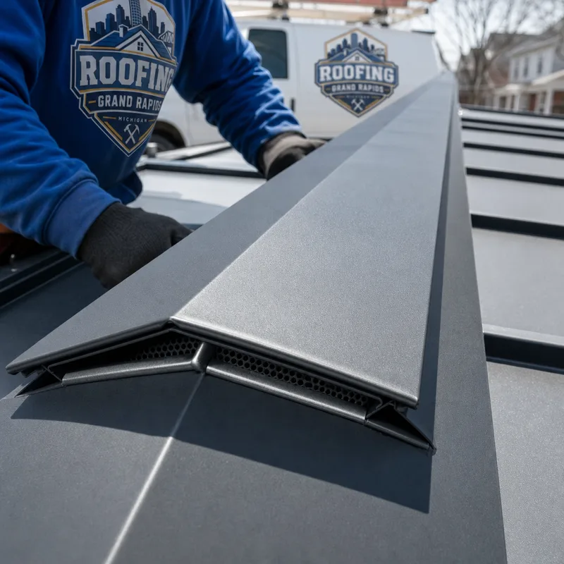 Standing seam ridge cap and ventilation detail with clean hemmed edges and aligned seams