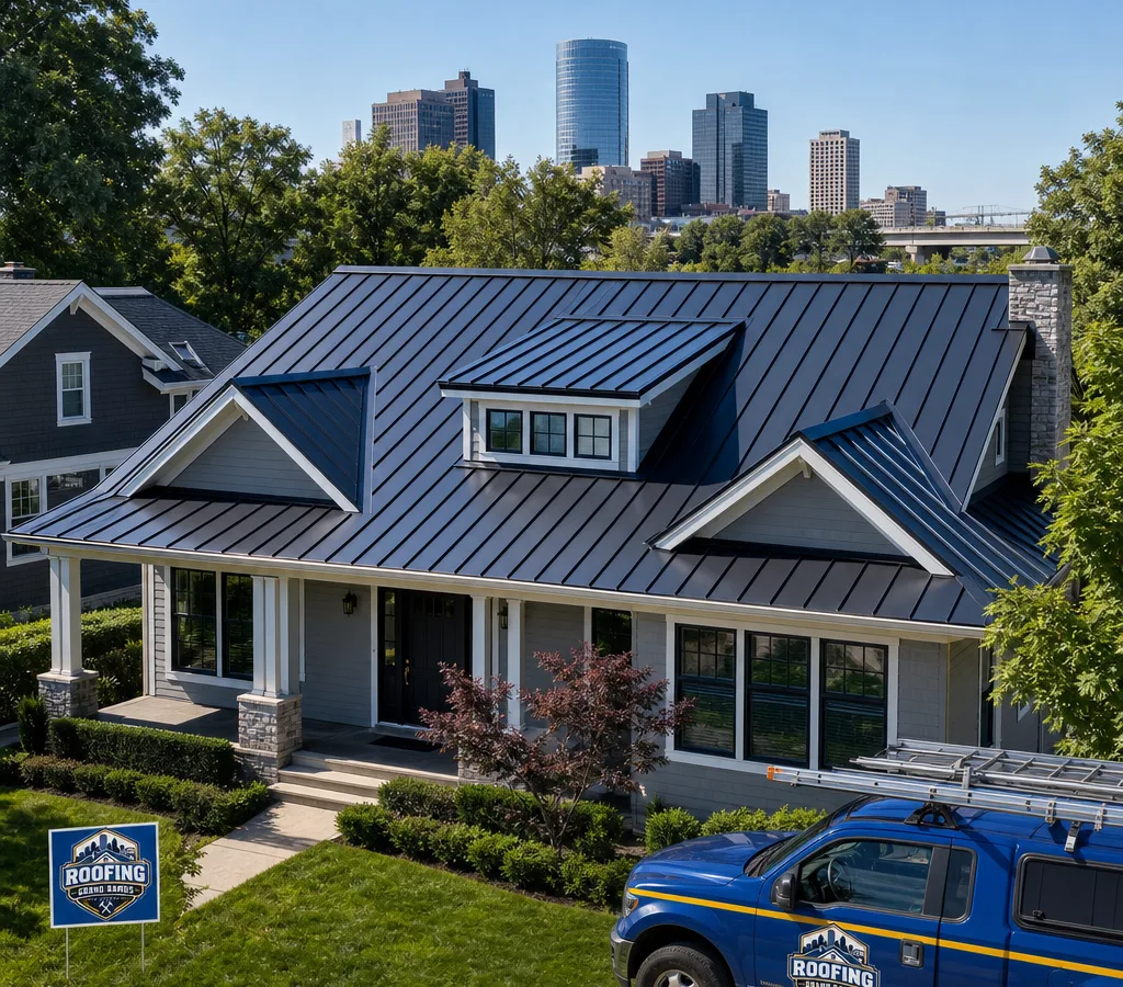 Grand Rapids home with a newly installed standing seam metal roof, crisp panel lines, ridge cap, and clean edge details