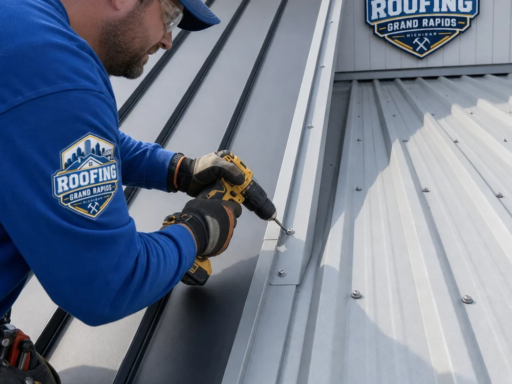 Comparison of standing seam metal panels and exposed-fastener roofing showing seams, fasteners, and trim details
