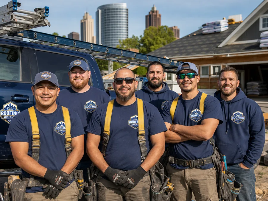 Roofing Grand Rapids crew beside a work truck with secured ladders and visible safety equipment